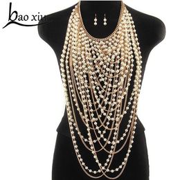 Exaggerated beaded super long pendants necklace women trendy pearl choker necklace body Jewellery gold shoulder chain Y200918237k