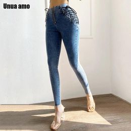 Jeans Unua Amo Tight Jeans Female High Waist Bandage Stretch Skinny Pencil Pants 2023 Stylish Side Lace Up Sexy Slim Jeans Size S5xl