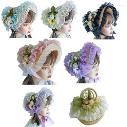 Berets Floral Straw Hat Lace Fascinators For Women Lolit Teas Party SunHat Victorian Headdress Bonnet