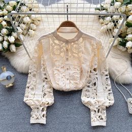 Women's Blouses Ladies Shirts 2023 Fashion Women Elegant Lace Openwork Crochet Shirt High Street Button Up Round Neck Long Sleeve