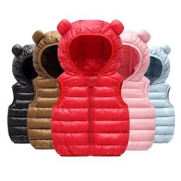 Жилет для маленьких мальчиков и девочек, теплый пуховый жилет, осень-зима, хлопок с ушками, детская верхняя одежда, детская одежда, куртка с капюшоном, жилеты 231215