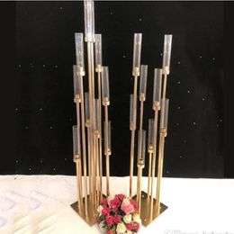 6pcs lot 8 Heads Metal Candelabra Gold Candle Holder Acrylic Wedding Table Centrepiece Candle Holders Candelabrum Decoration283V