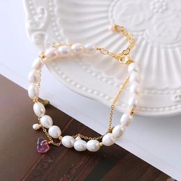 Strand Korean Style Elegant Baroque Freshwater Pearl Bracelet Geometrically Irregular Double Beaded Women With Crystal Pendant