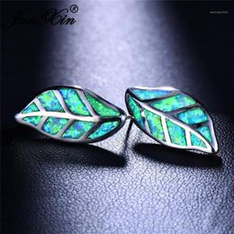 Stud JUNXIN Charm Plant Tree Leaf Earrings For Women Silver Colour Green White Blue Fire Opal Wedding Gift1224j