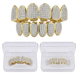 Hip Hop Classic Teeth Grills Golde Colour Plated CZ Micro Pave Exclusive Top & Bottom Gold Grillz Set244p