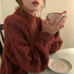 Women's Sweaters Retro Christmas Red Sweater Autumn And Winter Thickened Loose Design Niche Half Turtleneck With Twist Knitted