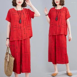 Women's Two Piece Pants 2Pcs/Set Simple Retro Outfit Thin Casual Pockets Mid-aged Mother Lines Printing Vintage Versatile