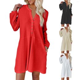 Casual Dresses Women's Autumn And Winter Fashionable Solid Color V-Neck Button-Down Long Sleeve Dress Elegant Wrapped Hip