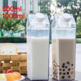 Water Bottles 500ml/1000ml Milk Cartoon Square Bottle Transparent Plastic Clear Box For Juice Tea Portable Storage Drinkware