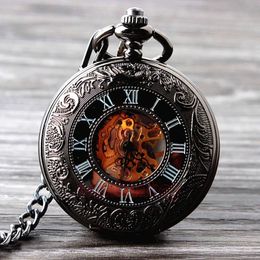 Pocket Watches Retro Hand Wind Mechanical Watch With Fob Chain Mens Hollow Skeleton Dial Black Steel Fashion Quartz Gifts 231216