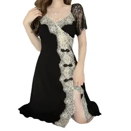 Women's Sleepwear Side Short Soft Patchwork Nightgown Sleepdress Modal Nightwear Sleeve Black Split Lace Loungewear Dressing Summer Kimono