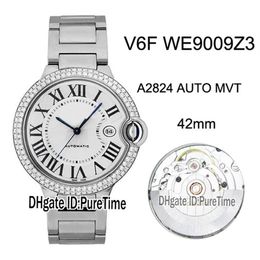 New V6F WE9009Z3 ETA A2824 Automatic Mens Watch Diamond Bezel White Textured Dial Black Roman Markers Steel Bracelet Edition 315L