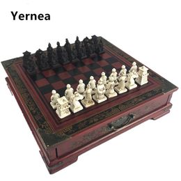 Chess Games Wood Chess Chinese Retro Terracotta Warriors Chess Wood Do old Carving Resin Chessman Christmas Birthday Premium Gift Yernea 231215