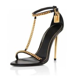 Famous Brand Sandals Gold Chain Thin High Heel Women Real Leather Narrow Band Metal Lock Decor Ankle Strap Sandalias Summer Sexy Party ShoesSandals