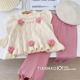 Clothing Sets Autumn Winter 2023 Girls Clothes Knitting White Blouse Sweet Flower Vest and Pink Pants Three Piece Set Sweater 231216