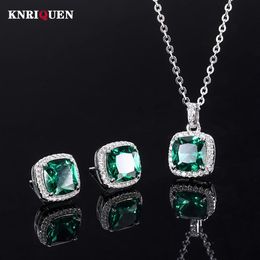 Sets Vintage 100% Sterling Sier 8*8mm Emerald Gemstone Pendant Necklace Earrings Wedding Party Fine Jewelry Set Gift for Women