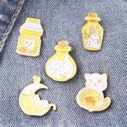 Cartoon Animal Series Cat Rabbit Brooches Women Alloy Enamel Bottle Moon Fish Lapel Pins Unisex Student Backpack Clothes Badge Bro279h