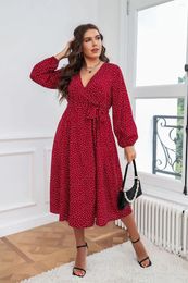 Plus Size Dresses Polyester Women's Elegant And Pretty V-neck Dress Large Literary Temperament Red Commuting Casual Autumn 2023