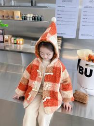Down Coat Girls Plaid Woolen Jacket 2023 Winter Baby Cute Pointed Hat Clip Cotton Thickened Hooded Fashionable Lively Outwear