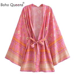 Swimwear Boho Queens Vintage Pink Floral Print Rayon Cotton Women Bohemian Kimono Happie V Neck Batwing Sleeve Short Robe Bikini Coverup