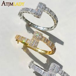 Link Chain Gold Silver Colour Opened Square Zircon Charm Bracelet Iced Out Bling Baguette CZ Bangle For Men Women Luxury Jewelry287o