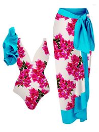 Women's Swimwear Bougainvillea Print 1-Piece Swimsuit And Cover Up Beach Exit Dress Style Bathing Suit Sexy / Monokini