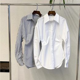 Women's Blouses Fashion Design Slim White Women Shirts Summer Pleated Turn-Down Collar Elegant Office Lady Outwear Coats Tops