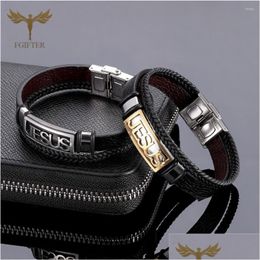 Charm Bracelets Charm Bracelets Stainless Steel Christian Cross Jesus Bracelet For Men Women Mti Layer Leather Bangles Jewelry Accesso Dhkgj