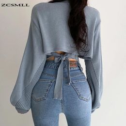 Sweaters Zcsnmll Blue Pullover Vintage Vneck Back Tie Careful Hine Hollowing and Tying Wide Loose Lantern Sleeve Knit Sweater Women