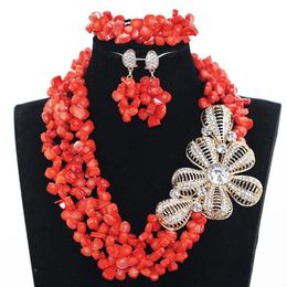 Earrings & Necklace Latest Design Nigerian Coral Beads Jewellery Set Real Wedding African Big Gold Pendant Statement CNR832238A