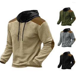 Men's Hoodies Men Hoodie Contrast Patchwork Design Drawstring Hooded Long Sleeve Pullover Elastic Cuff Colour Matching Mid Length Top 2023