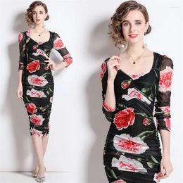 Casual Dresses Guaze Softerable Patchwork Ruched Mid Length Package Hip Slim Waist Office Lady Dress Sweet Floral Square Colar Feminino