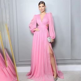 2024 Light Pink Celebrity Evening Dress Sexy V-neck Long Sleeves Cut Out Silt Floor Length Chiffon Lady Prom Formal Party Gowns Robe De Soiree