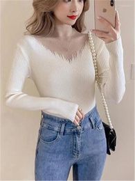 Women's Sweaters Mesh Stitching Knitted Sweater Half Turtleneck Pullover Sexy See-through T-Shirt Top Basice Female Kintwear