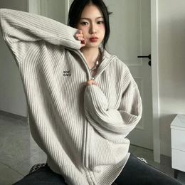 Womens Sweaters Deeptown Vintage Gray Sweater Women Korean Style Zipper Knit Cardigan Japanese Fashion Streetwear Oversized Knitwear Aesthetic 231216