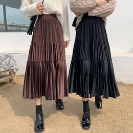 Vests Female Vintage Long Veet Pleated Skirt Women for Autumn Winter Korean Fashion Ladies High Waist Black Green Maxi Skirt Femme