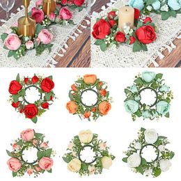 Decorative Flowers 20CM Candlestick Garland Wreath Artificial Rose Candle Holder Flower Ring Home Party Wedding Table Decoration