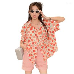 Women's Blouses Summer Cotton Turn-down Collar Hawaii Shirts Short Sleeve Pocket Casual Printed Colourful Seaside Vacation Style For Women