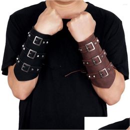 Bangle Bangle Punk Hip Hop 1Pc Cosplay Leather Armor Arm Bangles Pirate Knight Gauntlet Wristband Bracer Accessories Mens Bracelet Dro Dh26H