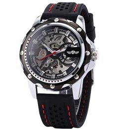 2022 New Winner Black Rubber Band Automatic Mechanical Skeleton Watch For Men Fashion Gear Wrist Watch Reloj Army Hombre Horloge229y