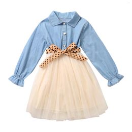 Girl Dresses Baby Girls Cowboy Mesh Dress Autumn Long Sleeve Denim Stitching Dot Belt Sweet Princess Party Birthday