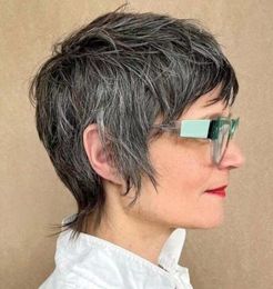 Flattering hairstyle Short grey pixie cut human hair wigs with feathered fringe and longer sideburns Grey pixie mullet with bangs best oval square heart-shaped faces