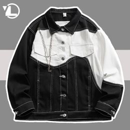 Men's Jackets Denim Jackets Men Women Vintage Colour Block Loose Japanese Style Cargo Coat High Street Retro Loose Bomber Outwear with Necklace 231215