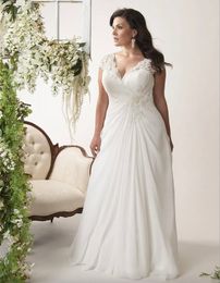 V-neck Cap Sleeves Plus Size Wedding Dresses Chiffon Appliqued Lace Open Back Drape Side Ruched Bodice Bridal Gown
