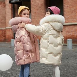 Casaco de pato branco para baixo jaqueta para meninas inverno parkas snowsuit gola de pele com capuz longo crianças casaco 5-14 anos roupas infantis tz277 231215