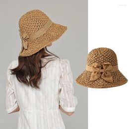 Wide Brim Hats Retro Summer All-Matching Sun Hat Women's Japanese Bow Straw Dome Makes Face Look Smaller Outdoor Travel Beach