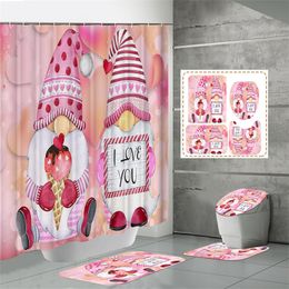 Pink Valentine's Day Shower Curtains Gnomes Bathroom Curtains Love Hearts Tree Pink Farmhouse Bath Curtain