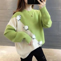 skirt Cute Sheep Pattern Loose Pullover Sweater Women 2022 Fall Winter Korean School Contrast Color Knit Jumper Female Knitwear