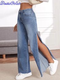 Jeans Denimcolab Fashion High Split Wide Leg Pants Jeans Women Fringe Elastic Casual Loose Jeans Lady Stretch Streetwear Jeans Trouser
