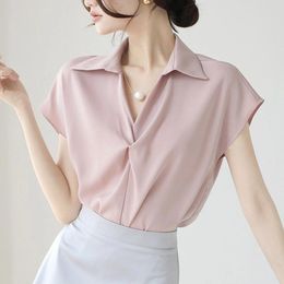 Women's T Shirts French Style Short Sleeved Shirt Lapel V Neck Pearl Chain Pleat Design Tops Temperament Gentel Wind Pink Tees For Women